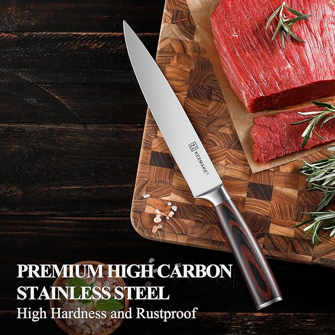KEEMAKE Carving Knife for Meat - Razor Sharp 8 Inch Slicing Knife with High Carbon Stainless Steel Blade, Brisket Knives Meat Cutting Knives with Ergonomic Pakkawood Handle and Gift Box