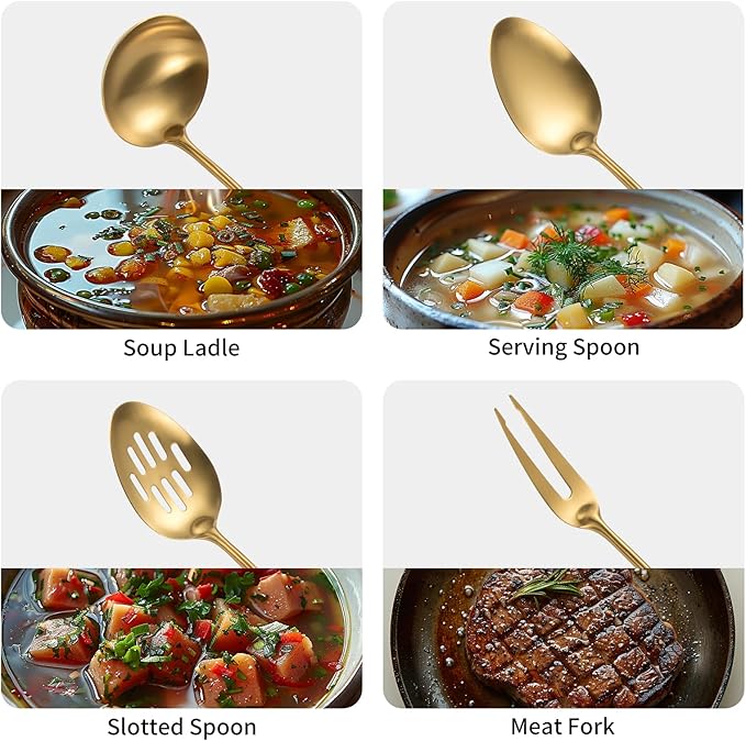 304 Stainlss Steel Matte Kitchen Utensils Set, 11 Pcs Long Metal Cooking Utensil Gadgets Tools Set with Spatula, Spoon, Ladle, Skimmer, Tunner, Pasta Server, Tongs(Gold, Dishwasher Safe)