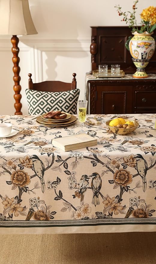 ISAENNE Designer Vintage Linen Long Rectangle Tablecloth,Floral and Bird Pattern Elegant Table Cloth,Fall Wrinkle Resistant Decor Tablecloths for Dining Kitchen Christmas,63"*102"-Murad A