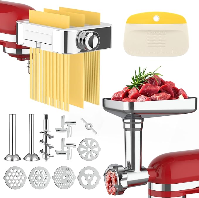 Meat Grinder Pasta Maker Attachment for Kitchenaid Stand Mixers,Set for Kitchenaid Mixer Attachments Includes Metal Food Grinder with Sausage Stuffer Tubes,3 in 1 Pasta Attachment with Dough Cutter