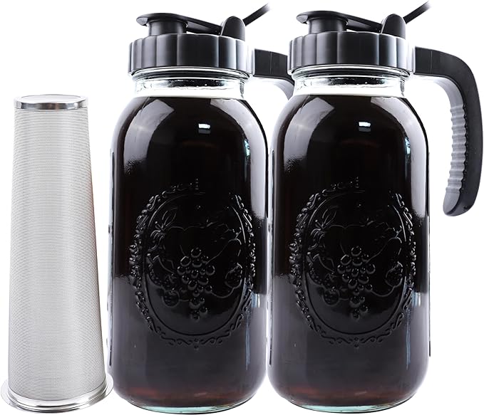 Cold Brew Coffee Maker Half Gallon 2 Set Glass Mason Jar Pitcher With Spout Lid Filter 2 Quart Wide Mouth Iced Tea Brewing Jug Heavy Duty Handle Airtight & Leak-Proof Pitcher For Fridge Sun Tea 64 OZ
