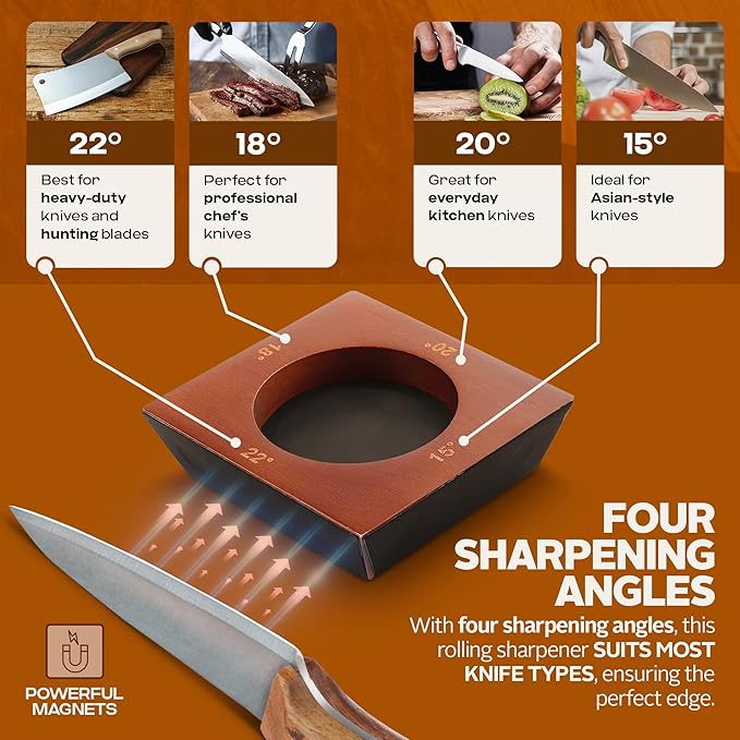 Tumbler Rolling Knife Sharpener Kit – Magnetic Manual System with 4 Angles & Walnut Base Diamond & Ceramic Discs | Kitchen Knife Sharpening Tool | Interchangeable, Easy & Safe Design