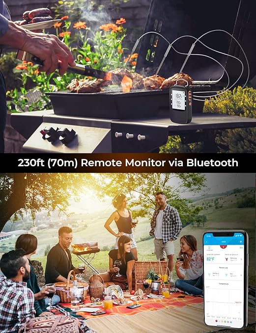 Govee Bluetooth Meat Thermometer, Wireless Meat Thermometer for Smoker Oven, Digital Grill Thermometer with 6 Probes, Timer Mode, Smart LCD Backlight BBQ Thermometer for Cooking Turkey Fish Beef
