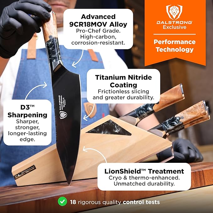DALSTRONG Knife Block Set - 5 Piece - Valhalla Series - Ravenstone Black Blade Titanium Coated - Premium 9CR18MOV HC Steel - Resin & Wood Handle - Razor Sharp - Kitchen Cooking Chef's Knife