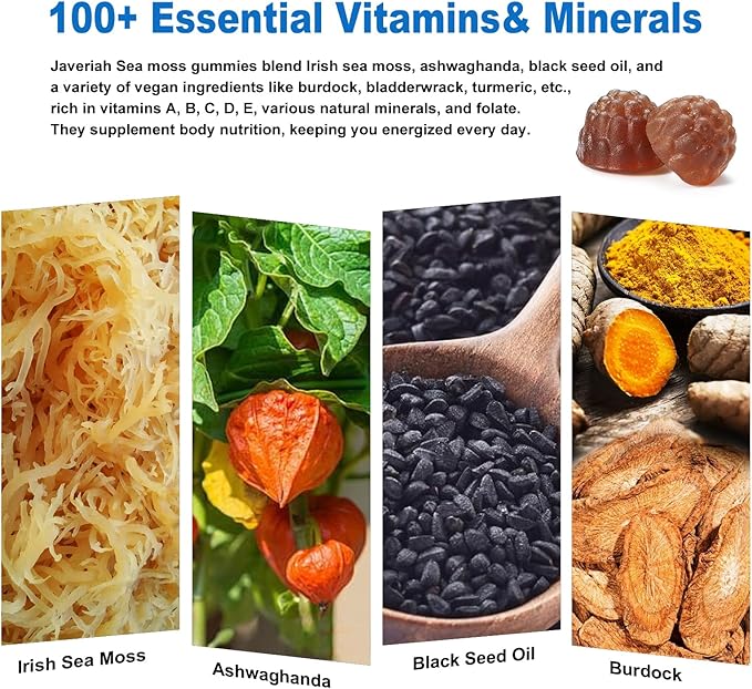 Vegan Ashwagandha Sea Moss Gummies - Black Seed Oil, Vitamin C&D for Immune Support, Digestive, Antioxidant 13 in 1 Bundle, Sea Moss Chlorophyll Advanced Strength Formula 60 Gummies