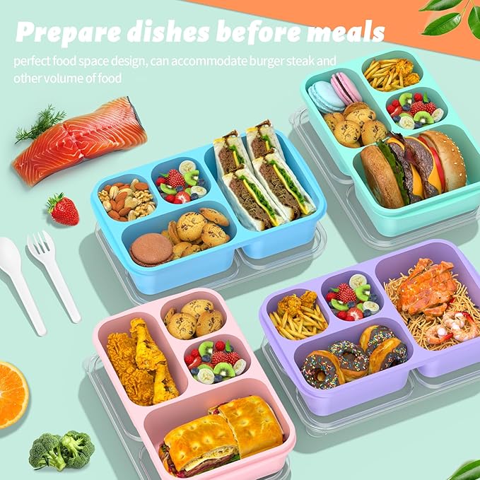 Bento Lunch Box - 4 Pack, Snack Box Containers Meal Prep Container Microwave Safe, Lunch Box of 4-Compartment, Bento Box Adult Lunch Box, Dishwasher Safety (PP(B/P/G/P))