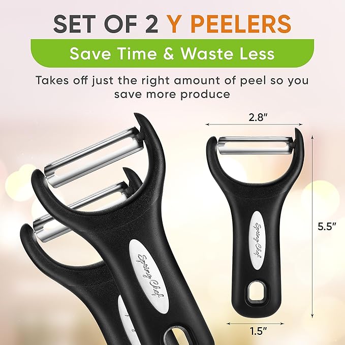 Spring Chef Stainless Steel Vegetable Y Peeler for Kitchen, Dishwasher Safe Potato Peelers with Ultra Sharp Blades & Soft Grip Handle, Perfect for Apple, Carrot, Cucumber, Veggie - Set of 2 - Black