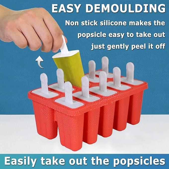 Silicone Popsicle Molds 10-cavity, DIY Ice Pop Mold for Kids Adult Teens, BPA Free Ice Cream Molds for Party Yogurt Juice Smoothies Sticks