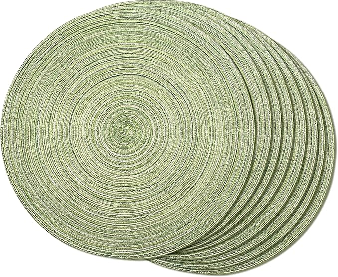 FunWheat Round Braided Placemats Set of 8 Place mats for Dining Tables Woven Heat Resistant Table Mats 15 inch(E Light Green, 8pcs)