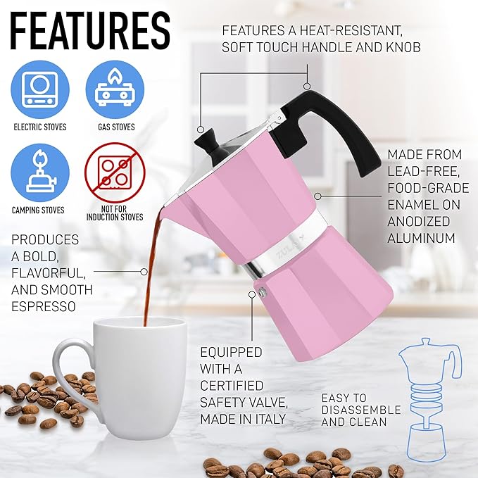 Zulay Moka Pot Espresso Stovetop Coffee Maker - Leak-Proof, Stainless Steel, Easy to Clean, Heat Resistant Handle & Knob - for Authentic Cuban & Italian Style Espresso - Makes 6 Espresso Cups - Pink