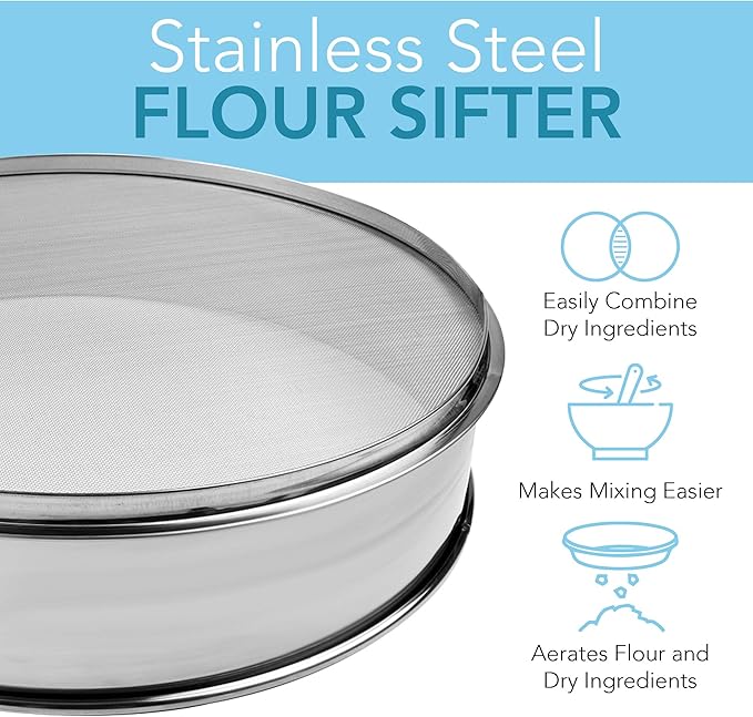 Stainless Steel Flour Sifter Fine Mesh Round Flour Sieve for Baking 16.5" Diameter x 2.88" High; 30 Mesh (Hole Size 0.6mm)