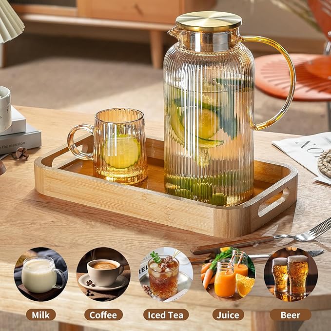 Glass Pitcher with Lid, 2 PACK 84 oz/ 2.5 Liter Amber Classic Vertical Stripes Water Pitcher,Glass Water Carafe for Cold Brew, Coffee, Lemonade, Iced Sun Tea,Beverage, Milk, Heat Resistant