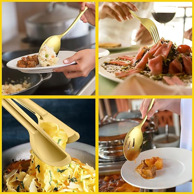 Large Gold Serving Utensils Set of 12, E-far Stainless Steel 9.8 Inch Serving Spoons Slotted Spoon, 9.9 Inch Forks, 9.4 Inch Tong for Buffet Catering, Mirror Finish & Dishwasher Safe