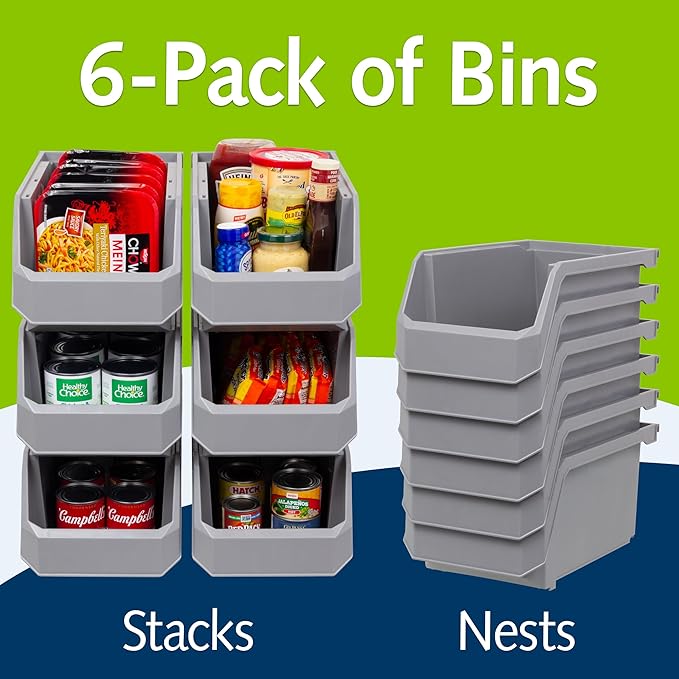 Plastic Containers for Organizing and Storage Bins for Closet, Kitchen, Office, Garage or Pantry Organization, Stackable Bins, Large (14.8" x 8" x 7"), 6-Pack, Grey
