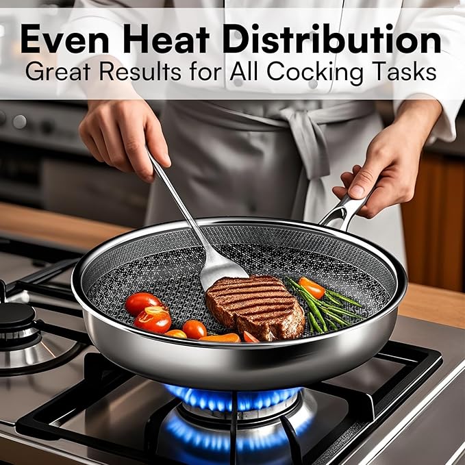 Non Stick Frying Pans with lid, 12 inch Hybrid Frying Pans Nonstick, non stick Stainless Steel Skillets, Dishwasher and Oven-Safe, nonStick Cookware, Induction Compatible Cooking Pan