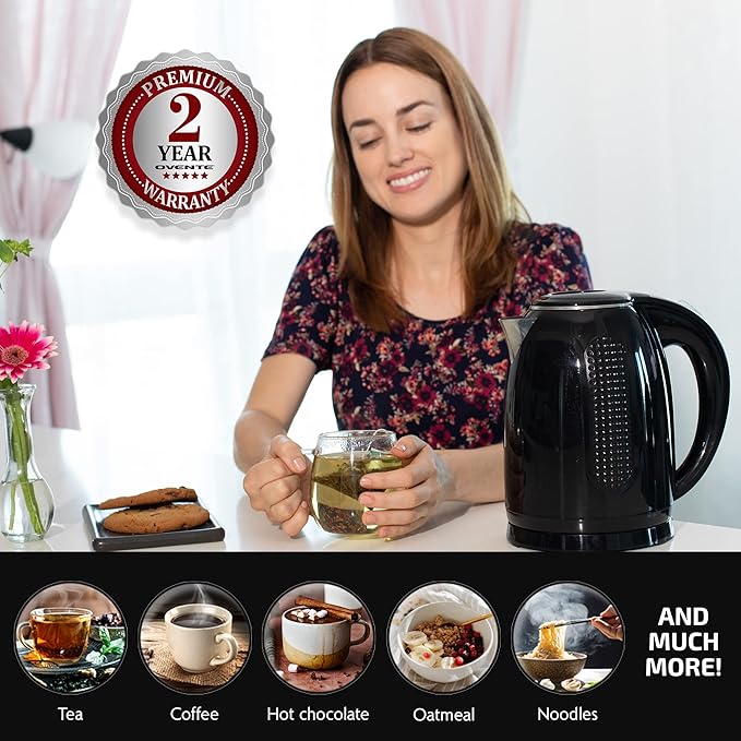 OVENTE Electric Kettle, 1.7L Double Wall Stainless Steel Insulated Water Boiler & Heater for Coffee or Tea, 1100W Fast Boiling with Auto Shut-Off, Boil-Dry Protection & Secure Locking Lid, Black KD64B