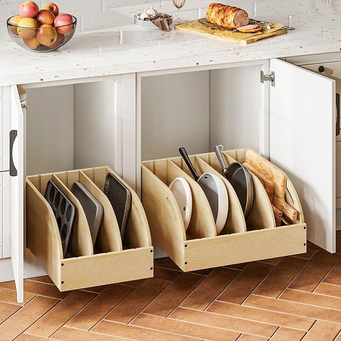 WelFurGeer Birchwood Pot and Pan Organizer with Soft-Close Drawer, Pull Out Cabinet Organizer, Heavy-Duty Slide-Out Storage for Baking Sheets, Cutting Boards, and Kitchen Utensils