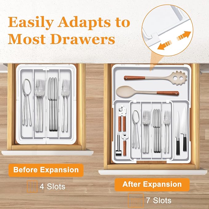 Homecor Silverware Drawer Organizer, Adjustable Kitchen Drawer Organizer, Expands from 4 to 7 Slots, Non-Slip BPA-Free Flatware Cutlery Utensil Holder for Forks Knives Spoons and Kitchen Utensil,White