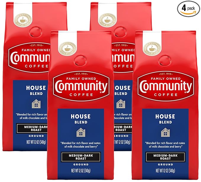 Community Coffee House Blend 12 Ounces, Medium Dark Roast Ground Coffee, 12 Ounce Bag (Pack of 4)