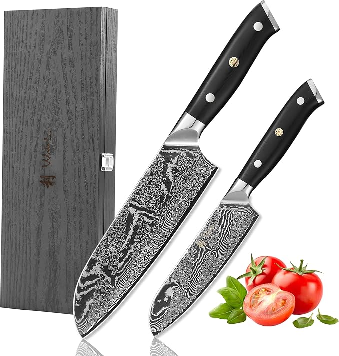 Wakoli NIT 2-Piece Kitchen Knife Set – Professional Damascus Chef Knives | 67-Layer VG10 Core Steel | Ergonomic G10 Handle | Santoku Knife & Small Santoku in Wooden Gift Box