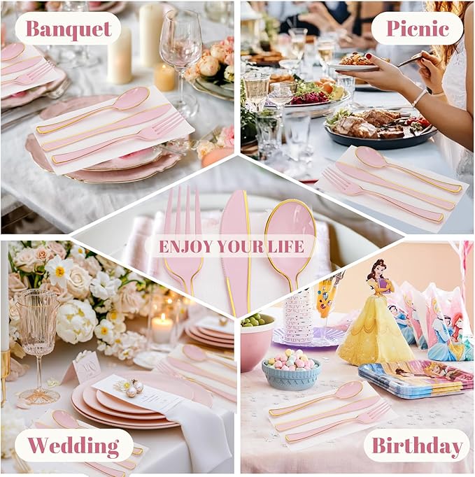 WDF 180 Pieces Pink Plastic Silverware with Gold -Pink Plastic Utensils Set - 60 Guest Pink Cutlery Disposable for Birthday/Party/Wedding