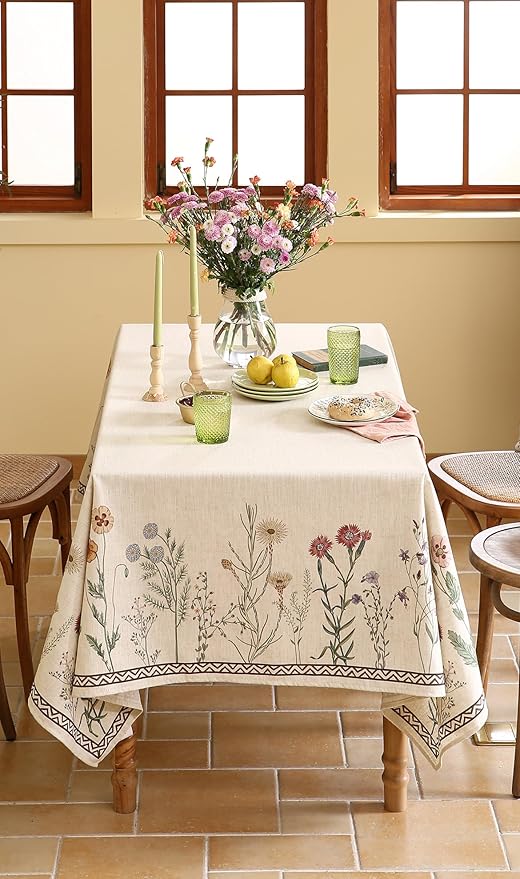 ISAENNE Designer Off White Linen Extra Long Rectangle Tablecloth,Floral Elegant Table Cloth,Stain Resistant Vintage Decor Tablecloths for Dining Thanksgiving Kitchen Party,63"*110"-Serenity G