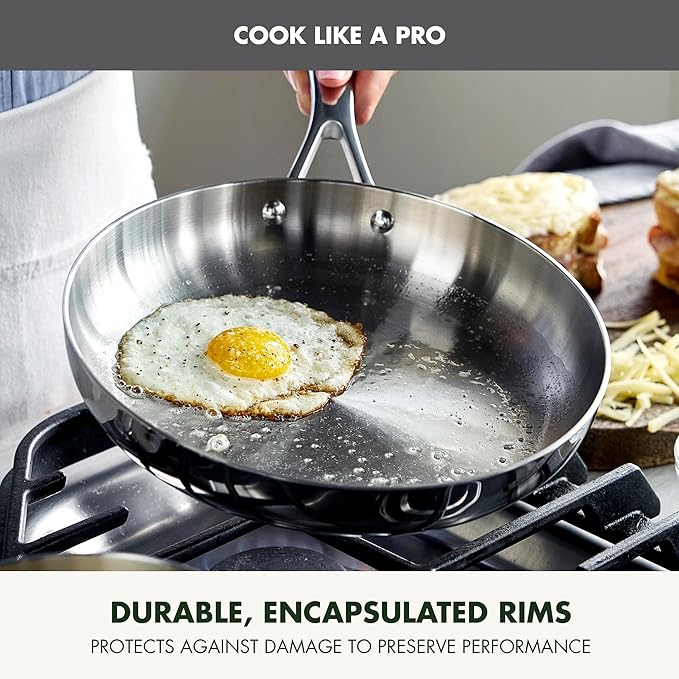 GreenPan Valencia Tri-Ply Stainless Steel 10" Frying Pan, Induction Ready Skillet, Mirror Finish, Dishwasher Safe & Oven/Broiler Safe to 600F, Compatible with All Cooktops, Silver
