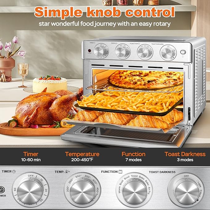 Geek Chef Air Fryer Oven 26 QT, Big Air Fryer, Toast Oven with Bake, Roast, Pizza, Easy to Use & Clean, 6 Slice Toast, Stainless Steel