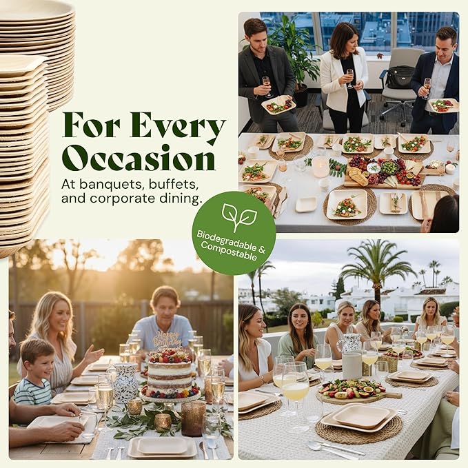 Chic Leaf Square Bamboo Palm Leaf Disposable Plates - 8" Pack of 100 - Biodegradable & Compostable Dinnerware - Disposable Party & Appetizer Plates - Eco-Friendly Dessert Trays