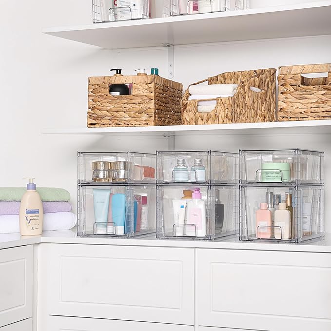 Vtopmart 8 Pack Clear Stackable Storage Drawers,Easy to Assemble Bathroom Organizers and Storage with handles,Plastic Drawers for Kitchen Pantry,Cabinet,Under Sink Organization
