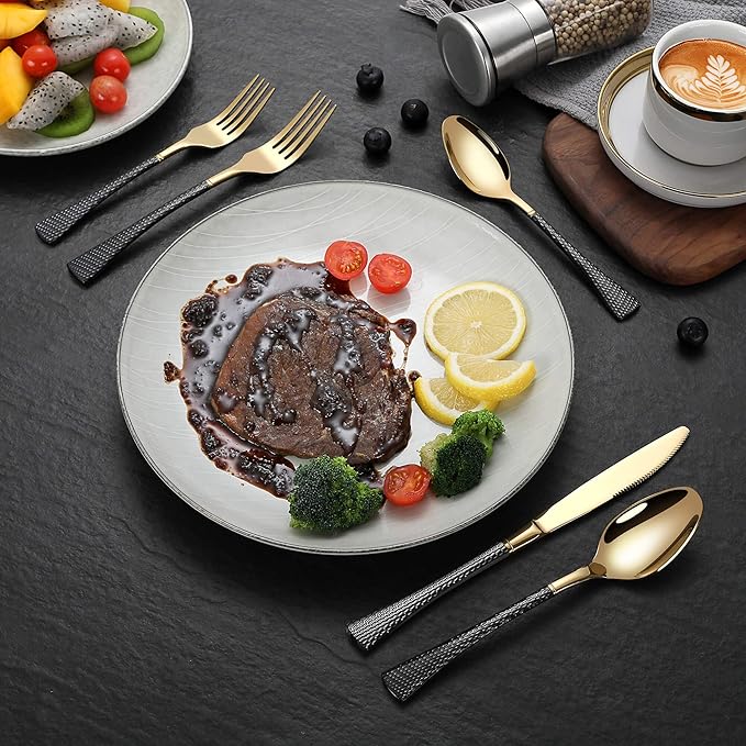 Lemeya Hammered Black Gold Silverware Set for 8,Stainless Steel 40-Piece Modern Cutlery Set,Mirror Polished Heavy Duty Flatware Set Utensil Set,Knives Spoons and Forks Set,Dishwasher Safe