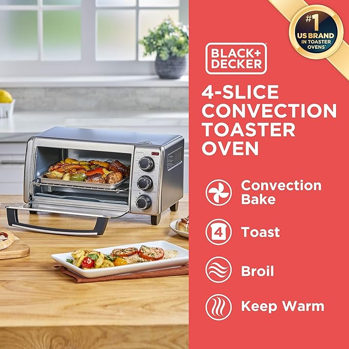 BLACK+DECKER 4-Slice Convection Oven, Stainless Steel, Curved Interior Fits a 9 inch Pizza, TO1313SBD