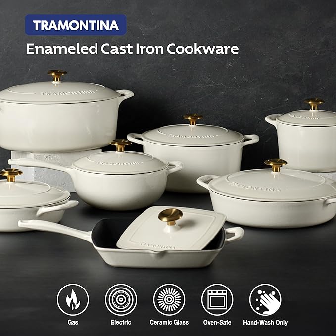Tramontina Bestow Enameled Cast Iron Oval Dutch Oven Pot with Lid, Large 7-quart, Latte (Gold Knob)