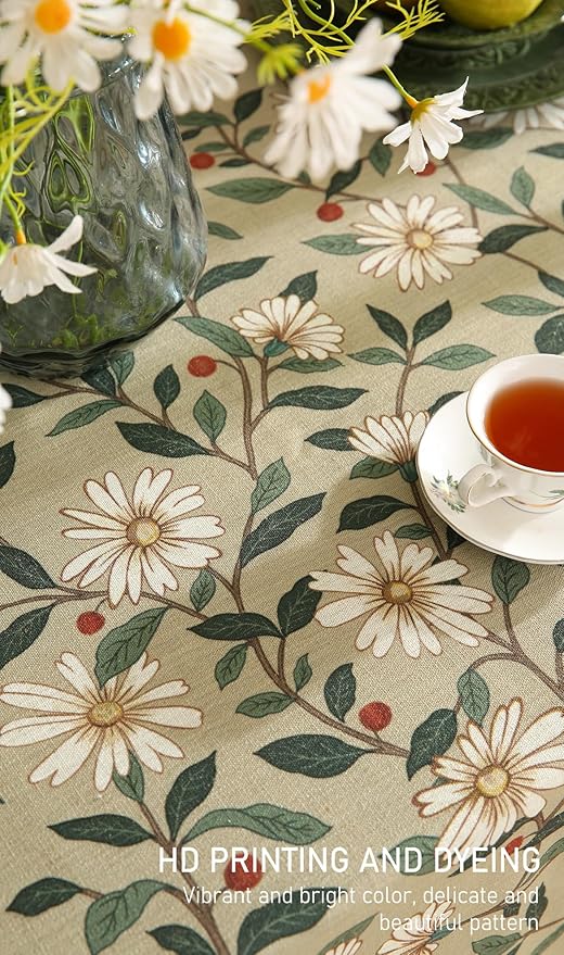 ISAENNE Designer Green Linen Extra Long Tablecloth Rectangle,Floral French Country Indoor Table Cloth,Stain Resistant Home Decor Tablecloths for Dining Kitchen Thanksgiving Party,67"*118"-Brune