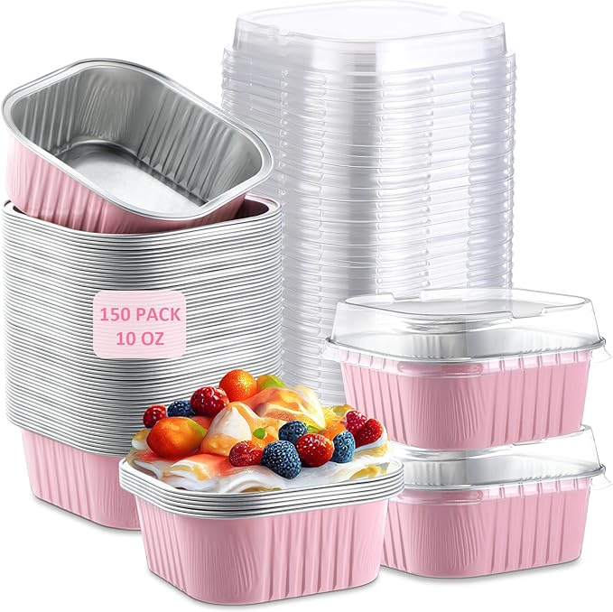 Aoriher 150 Pieces 10 oz Mini Cake Pans with Lids Aluminum Foil Baking Cups Square Disposable 4" x 4" Large Cupcake Cups Baking Tins for Kitchen Brownie Pudding Desserts Holders(Pink)