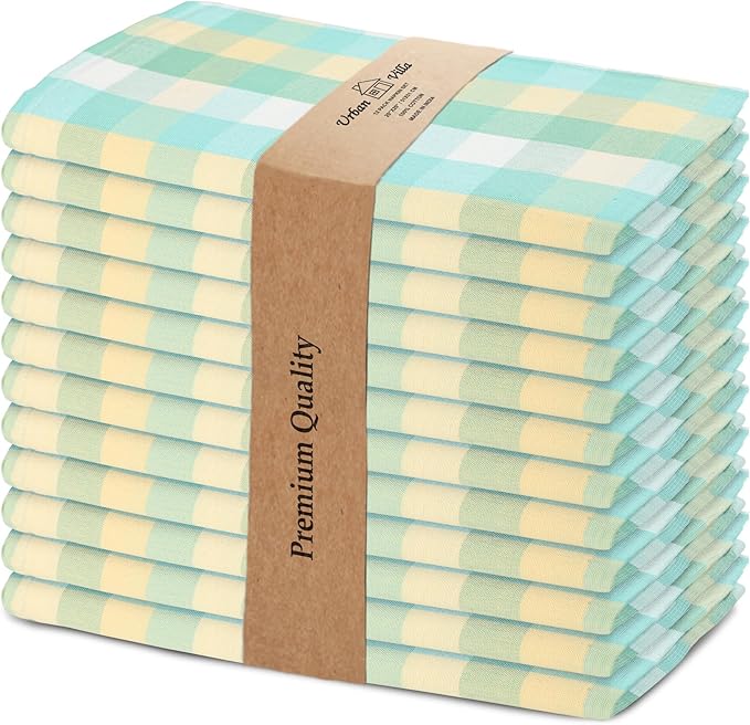 Urban Villa Cotton Dinner Napkins Set of 12 Highly Absorbent Soft Premium Cloth Napkins 20x20 Inches Hotel Quality Reusable & Washable Table Dinner Napkins for Home (Green Sand Buffalo Checks)