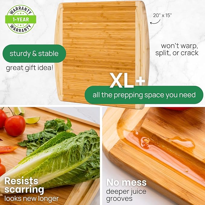GREENER CHEF 20 Inch Extra Large Bamboo Cutting Board with Lifetime Replacement - Wooden Butcher Block for Kitchen, Carving Meat, Vegetables, and Charcuterie with Deep Juice Groove