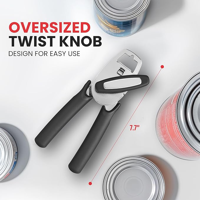 Zulay Kitchen Heavy Duty Stainless Steel Manual Can Opener – Ergonomic Soft Grip Handles, Smooth Edge Cutting Wheel & Large Built In Bottle Opener – Easy Turn Knob for Effortless Use - Black