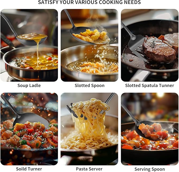 304 Stainless Steel Cooking Utensil,Kitchen Kitchen Utensil with Spatula, Solid Spoon, Ladle, Skimmer, Spaghetti Spoon, 6 Piece Set, Dishwasher Safe(Black)