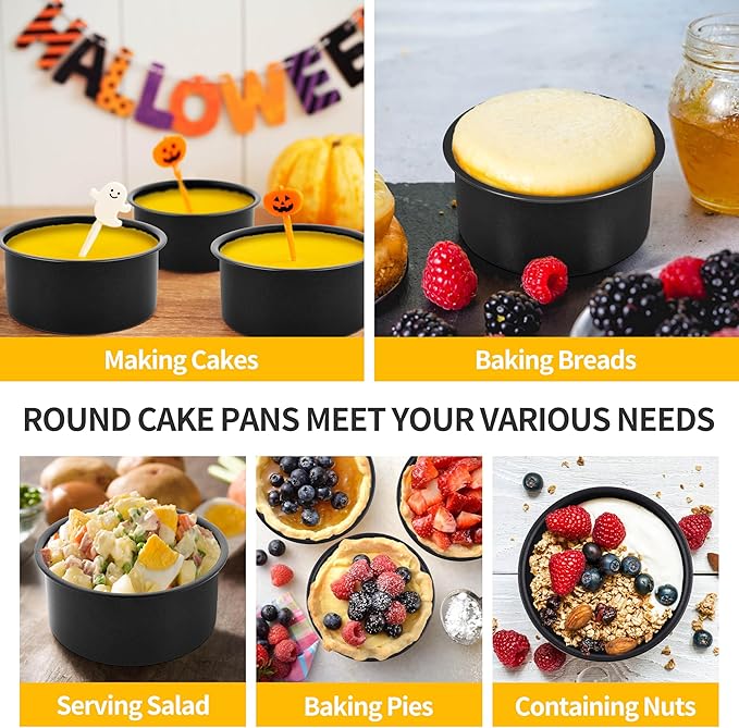 P&P CHEF Non-stick Cake Pan Set of 4, 4 Inch Round Baking Cake Pans Tins for Tier Smash Cakes, Non-Toxic & Solid, Stainless Steel Core & Leak-Proof, 4Pcs