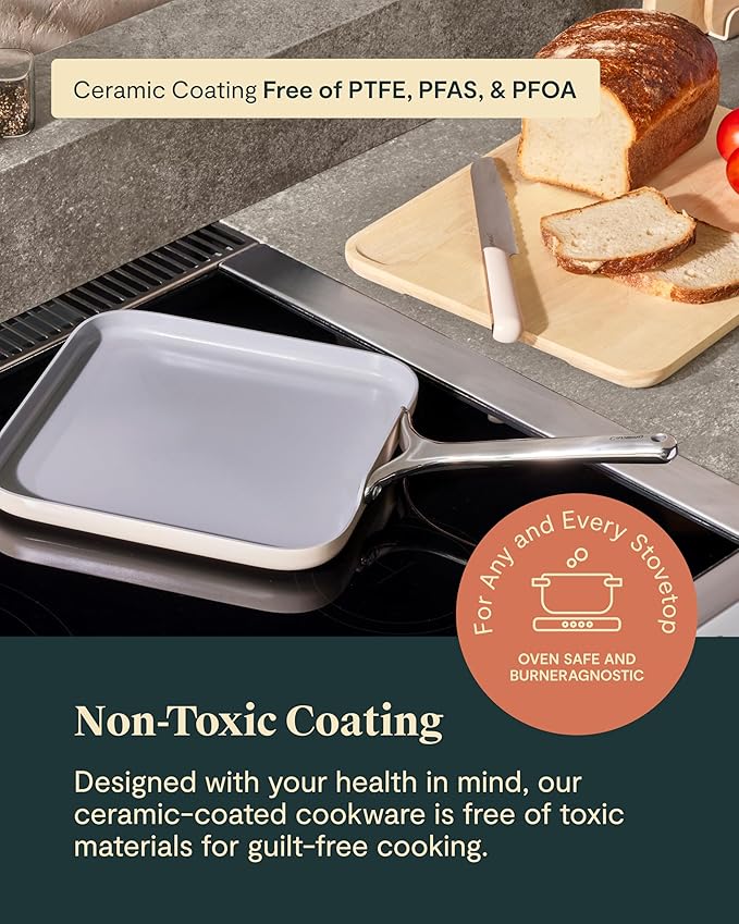 Caraway Square Griddle Pan - 11” Square Pan - Non-Stick Ceramic Coated - Non Toxic, PTFE & PFOA Free - Oven Safe & Compatible with All Stovetops - Black