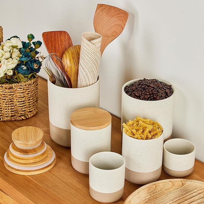 Yangbaga Canister Sets for Kitchen Counter, 80/40/20 OZ Large Ceramic Food Storage Jars with Airtight Wood Lids, Large Kitchen Canisters for Coffee, Sugar, Tea, Flour, Spice