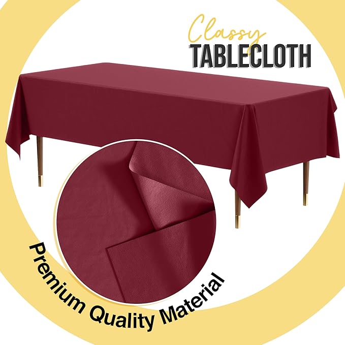 Exquisite 66% Thicker Premium Plastic Table Cloth Rectangle Table Cover 0.5 Mil 12 Pack Burgundy Table Cloth 54 Inch x 108 Inch Disposable Tablecloth Won't Tear Easily Like Cheap Thin Brands