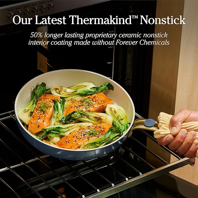 Our Place 8-Piece Essentials Complete Cookware Set - Ceramic Fry Pan Trio & Modular Rack Storage | Nontoxic Thermakind™ Nonstick, Oven Safe up to 450°F & Compatible with All Cooktops | Terracotta