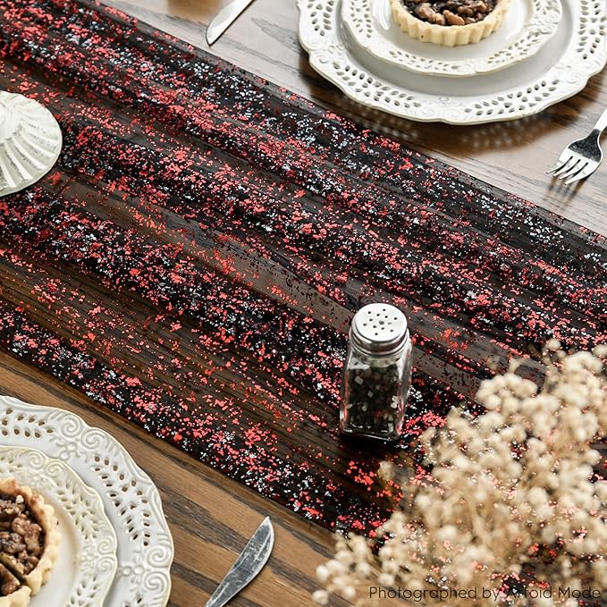 Artoid Mode 6PCS Black Red Gold Gauze Table Runner 120 Inch 10FT, Glitter Metallic Foil Sheer Dining Wedding Anniversary Holiday Table Decor for Home Party