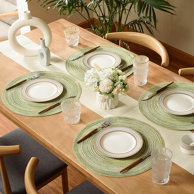 FunWheat Round Braided Placemats Set of 4 Place mats for Dining Tables Woven Heat Resistant Table Mats 15 inch (E Light Green, 4pcs)