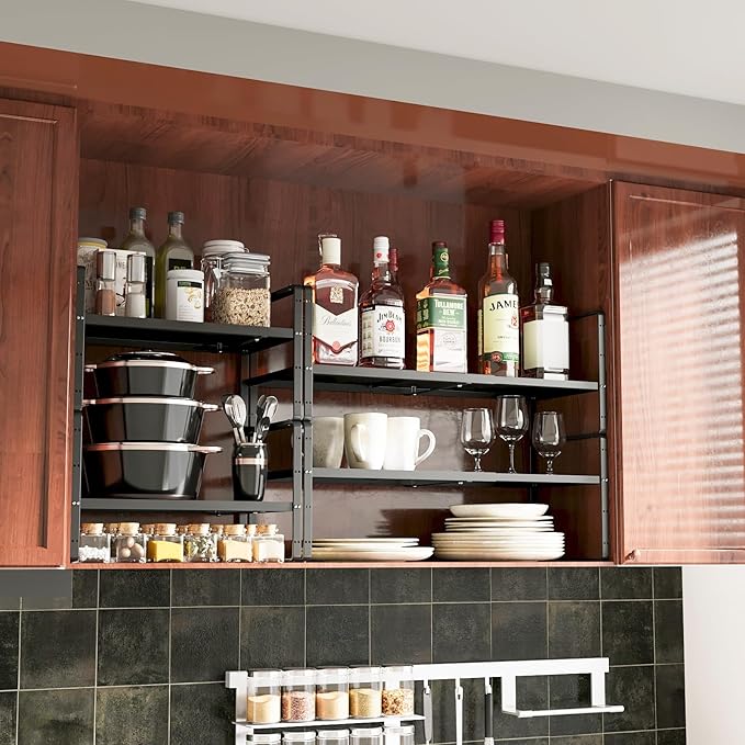 16.5~27.1" Expandable Shelf Organizer, 1Pack 10.2" Wide Stackable Cabinet Shelf Organizers, Black Metal Sturdy Kitchen Counter Storage for Countertop, Adjustable Height Spice Rack