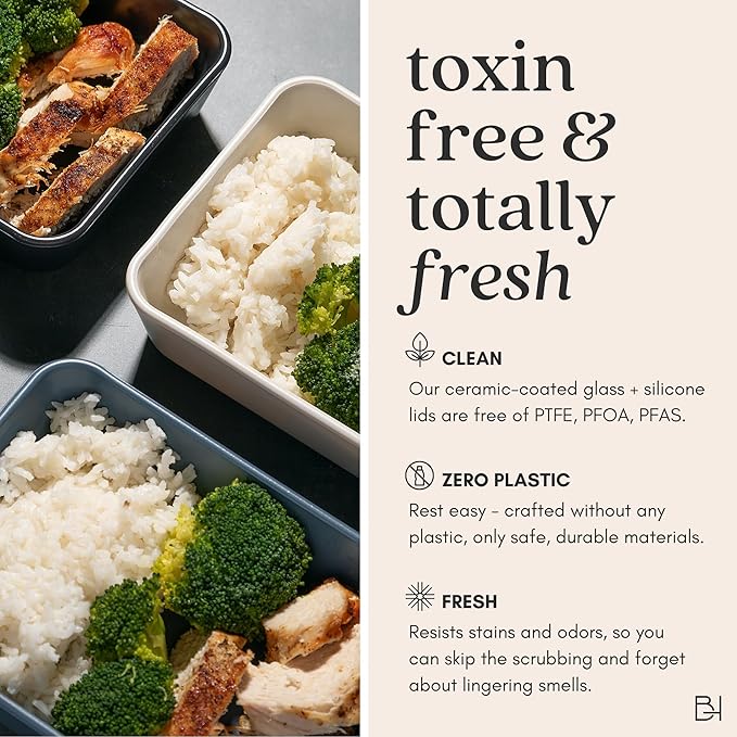 Ceramic Coated Glass Food Storage Container | No PTFE, PFOA, PFAS, and BPA | Reusable Non Toxic Meal Prep Container with Glass Lid | Easy To Store | 2.5 Cup Square [Onyx]