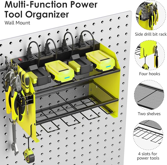 CCCEI Modular Power Tool Organizer Wall Mount with Charging Station. Garage Drill Storage Shelf with Hooks, Heavy Duty Rack, Tool Battery Holder Built in 8 Outlet. Gift for Men. Green, 1 Pack.