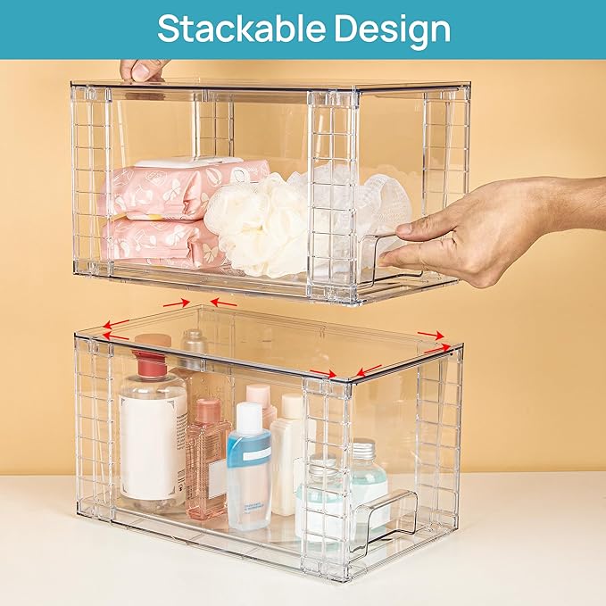 Vtopmart 2 Pack Large Stackable Storage Drawers,Clear Acrylic Drawer Organizers with Handles, Easily Assemble for Bathroom,Kitchen Undersink,Cabinet,Closet,Makeup,Pantry organization and Storage